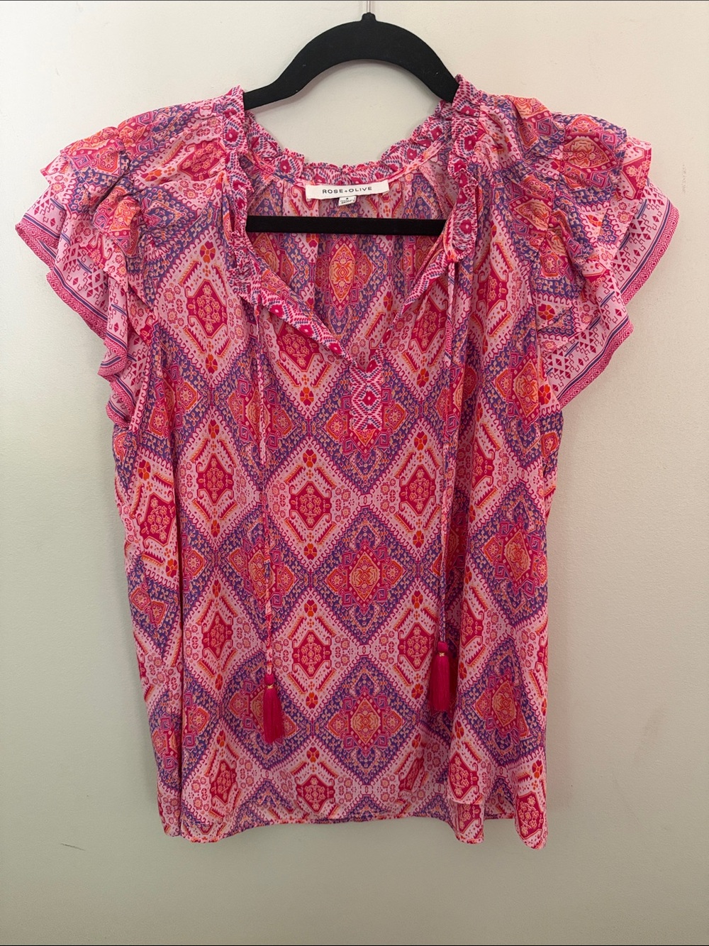 Rose & Olive Pink and Purple Geometric Ruffle Sleeve Top